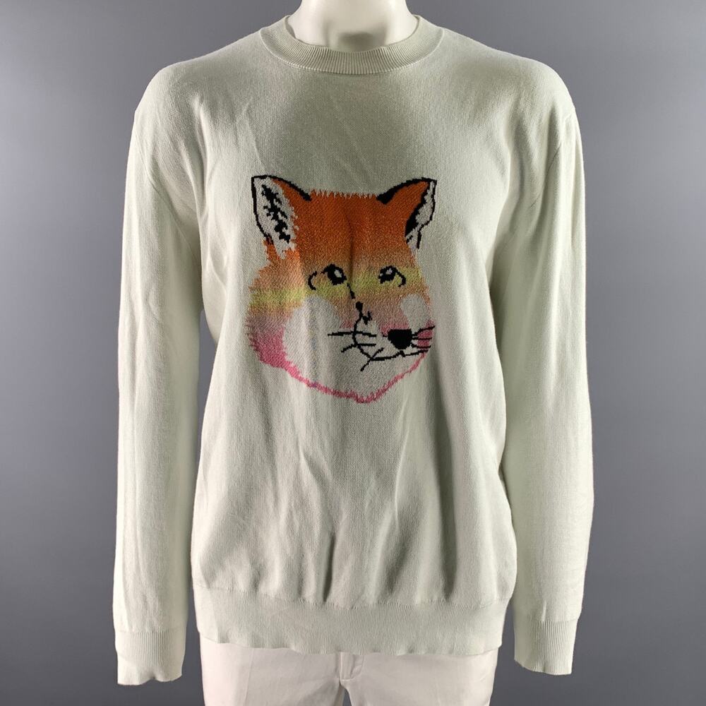 MAISON KITSUNE Size XL Off-White Fox Cotton Ribbed Pullover
